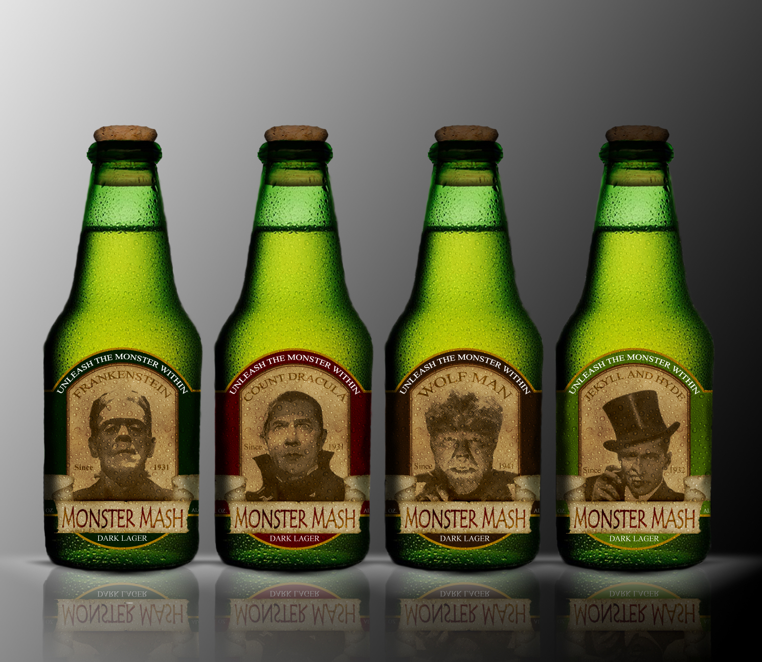 Monster Mash Beer Mockups featuring four classic movie monsters; Frankenstein, Dracula, Wolf Man, and Jekyll/Hyde