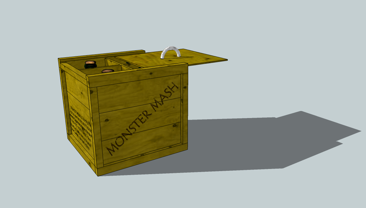 Monster Mash Beer packaging mockup. A wooden crate with a slide opening at the top.